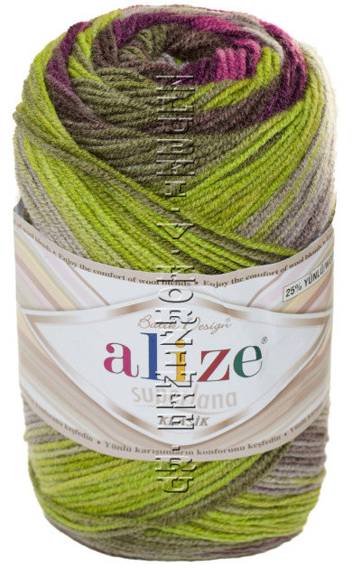 Пряжа Superlana Klasik Batik Alize - (3940 - Салатовый, серый, фуксия)