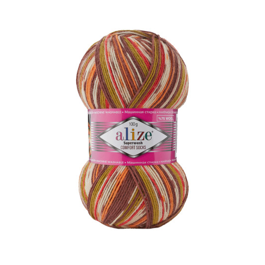 Пряжа SUPERWASH Alize comfort socks - (цвет 7709 - Коричневый, красный, оливковый)