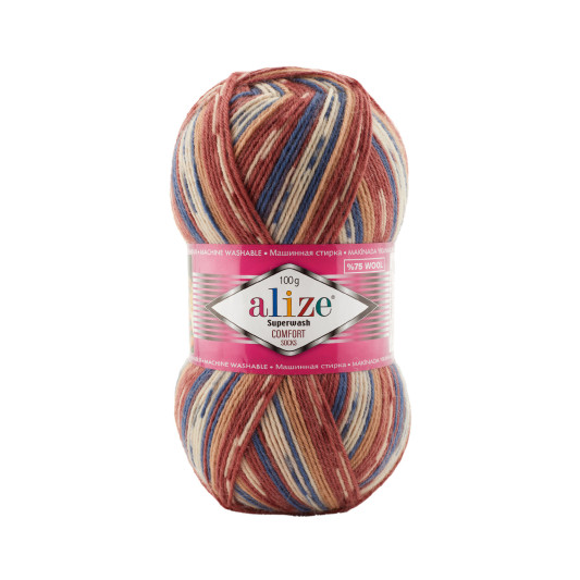 Пряжа SUPERWASH Alize comfort socks - (цвет 7841 - Кремовый, синий, терракот)