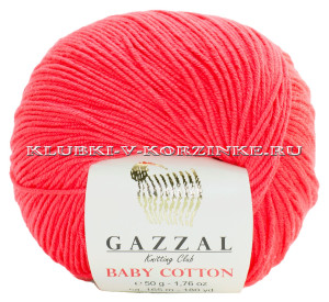 Пряжа GAZZAL (Газзал) Baby Cotton - (3458 - Неоновый коралл) 50 г / 165 м60% хлопок, 40% полиакрил 
