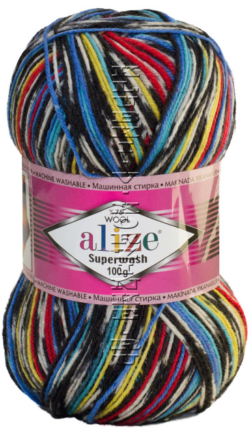 Пряжа SUPERWASH Alize - (5577 - Чёрный, белый, синий, красный)